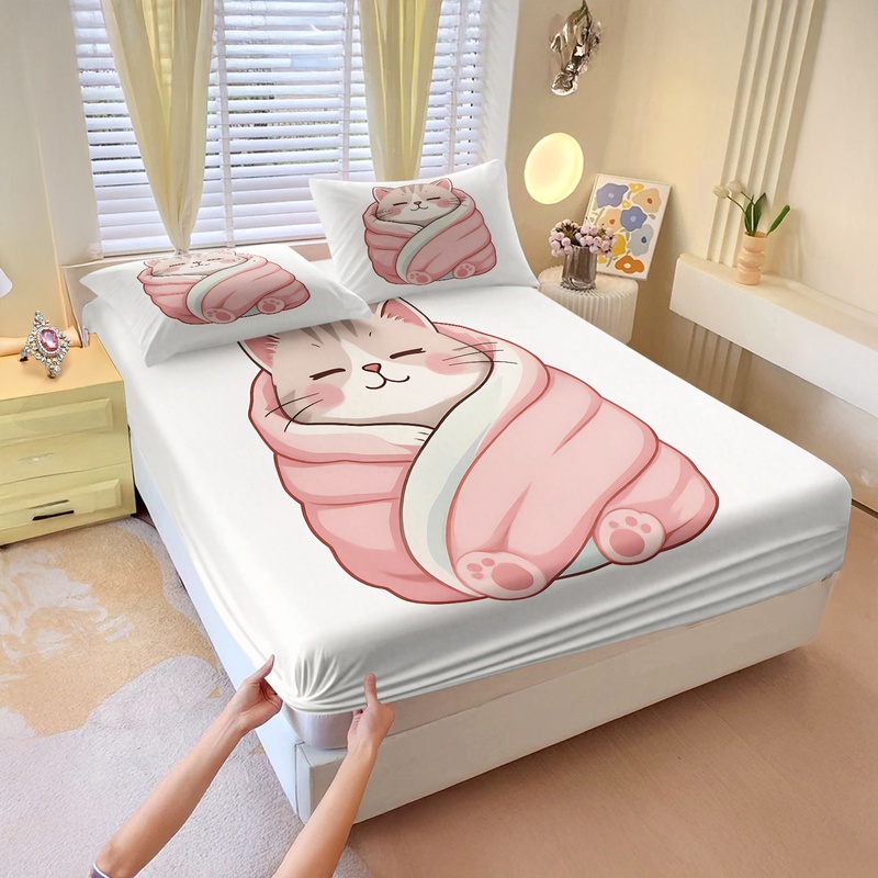 Cute Cat Print Fitted Sheet Se - đánh giá và giá Fitted Bed Sheets Deep Pocket